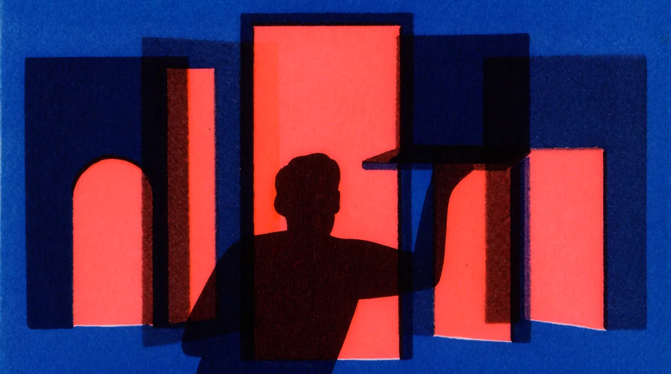 L'intention de recherche s'illustre par la silhouette sombre d'un buste humain se dressant devant des rectangles rouges et un fond bleu.