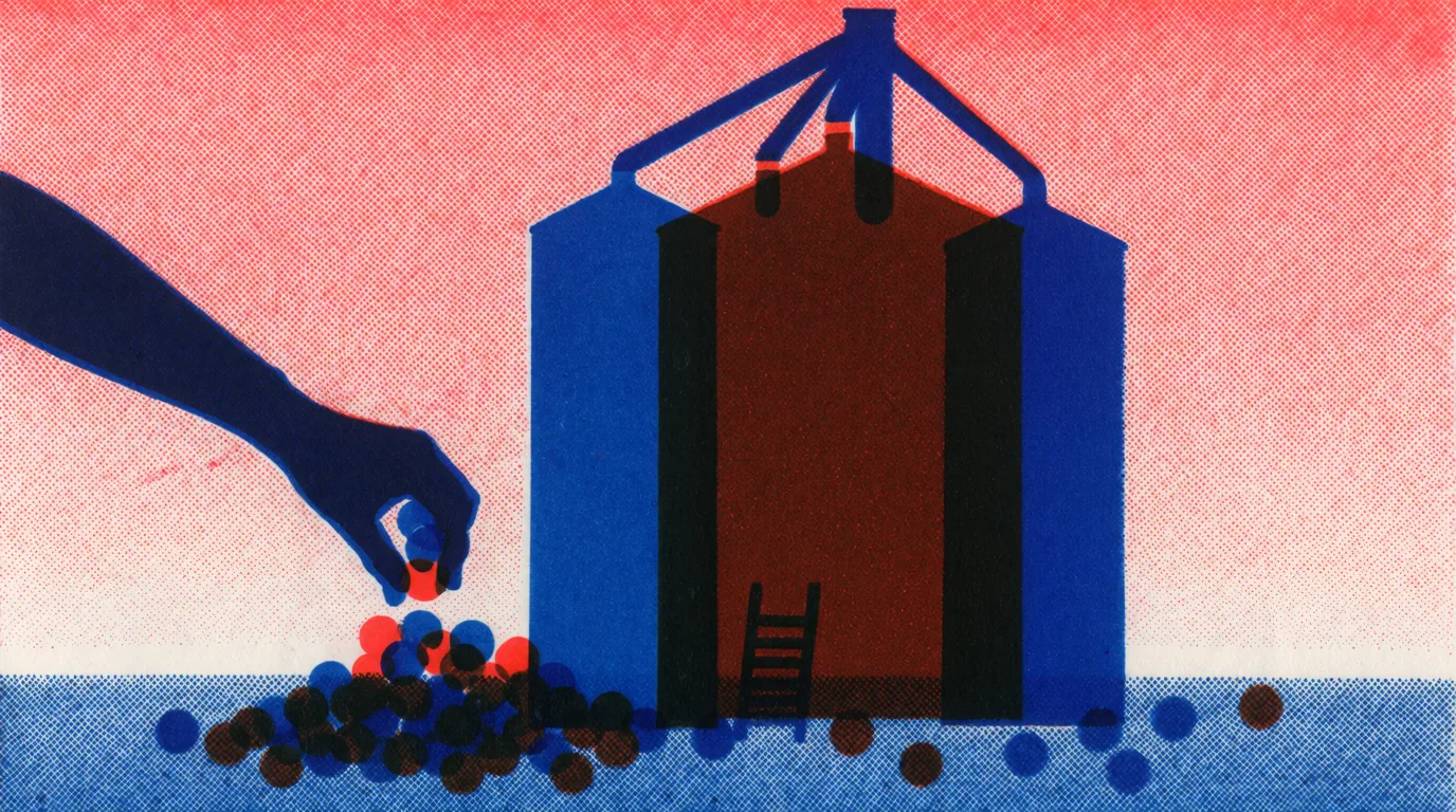 Le silo SEO présente une main ramassant des billes colorées devant de grands silos bleus avec une petite échelle.